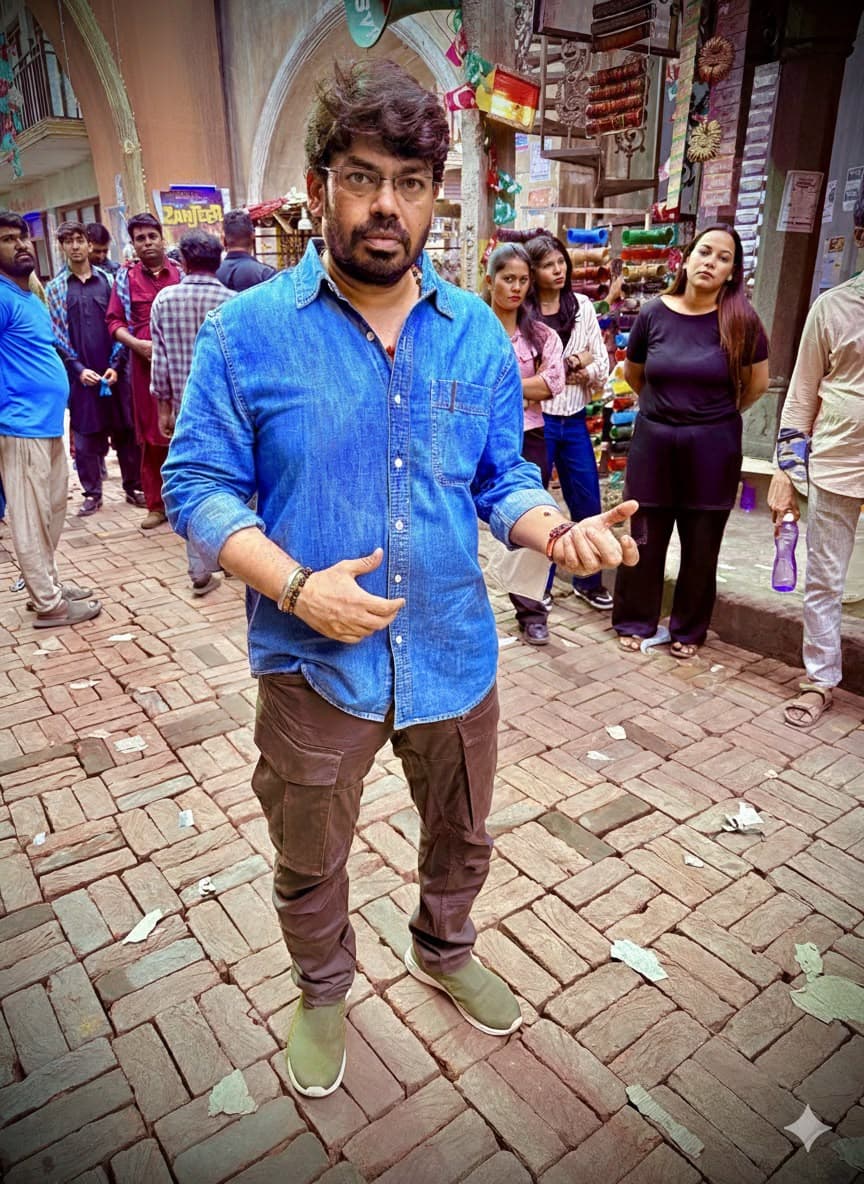 A man gesturing while standing on a brick-paved market street film set, with onlookers watching nearby