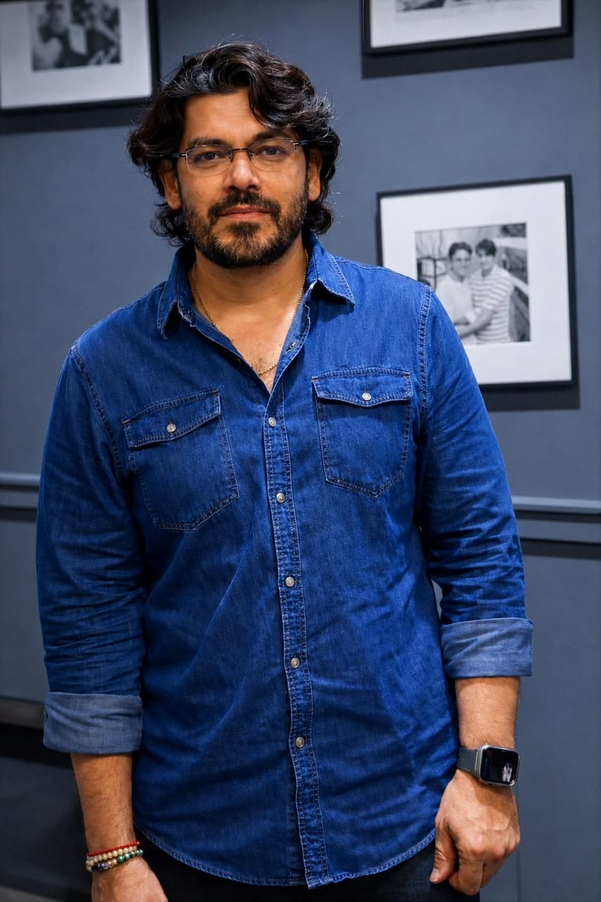 Man with curly hair, glasses and a beard wearing a denim shirt, standing in front of a wall of framed black-and-white photographs